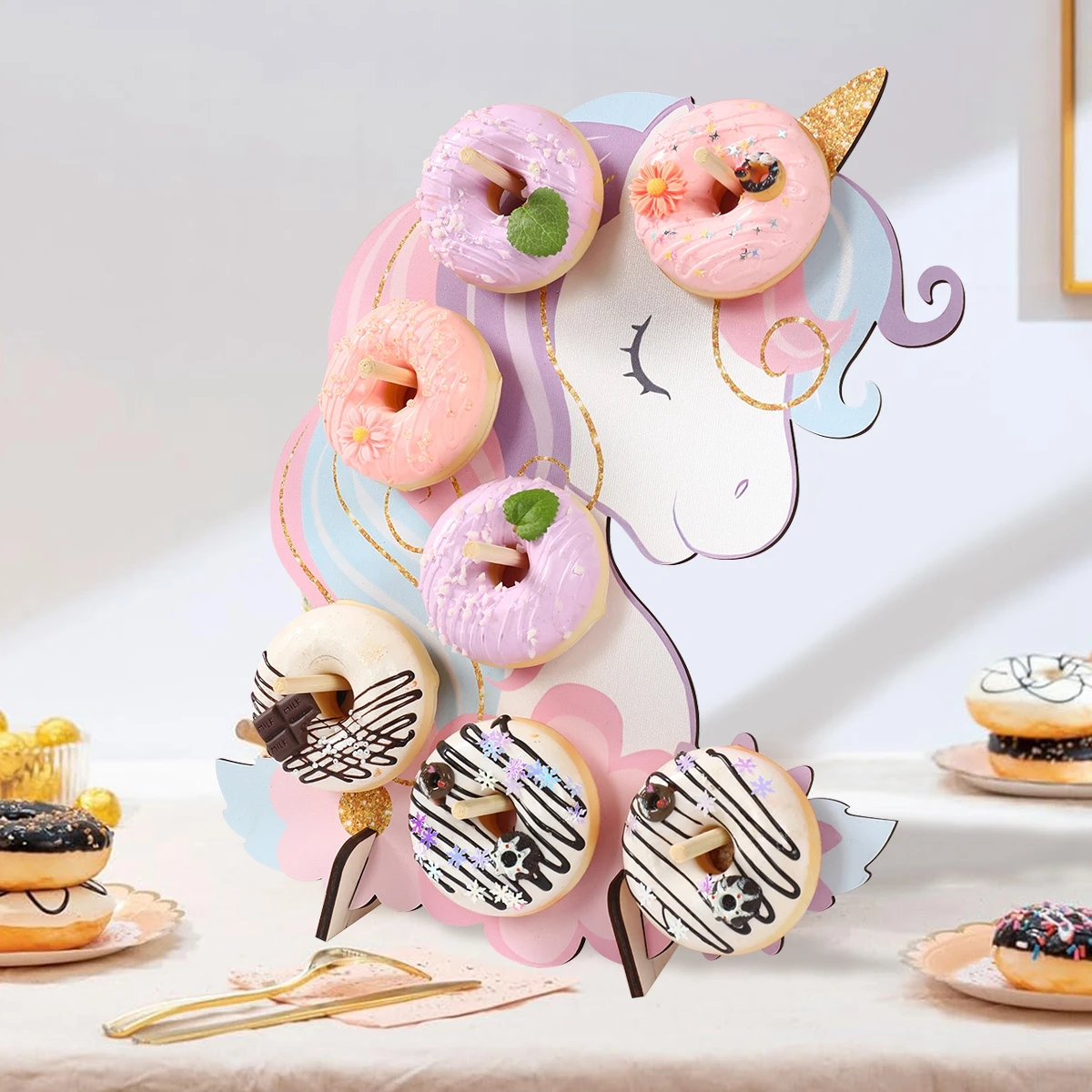 Soporte de Donut de madera con forma de unicornio, decoración para fiesta de cumpleaños, suministros para fiesta de Donut, suministros para fiesta de boda y cumpleaños, decoración de mesa - imagen 5
