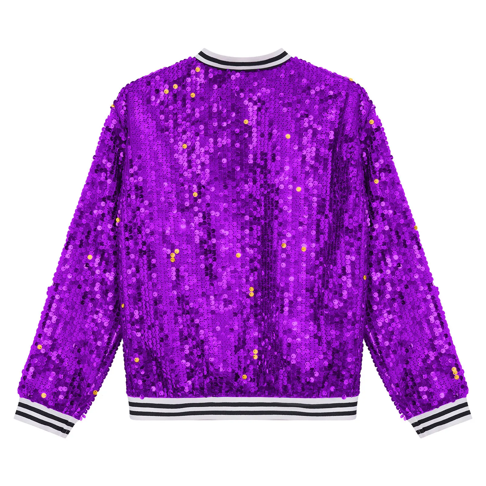 Chaqueta de lentejuelas brillantes para niñas, abrigo de béisbol de manga larga con cremallera frontal, ropa de abrigo con adornos a rayas, chaquetas de fiesta de baile moderno de Jazz - imagen 5