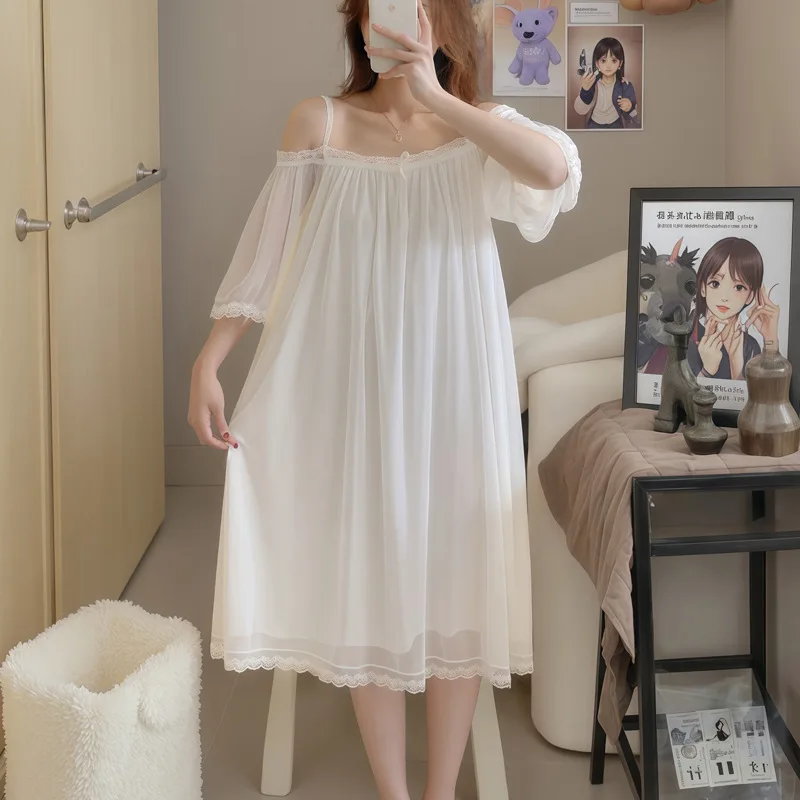 Pijamas de maternidad de malla con un solo hombro para primavera y otoño, copas acolchadas, diseño dulce de estilo corto, corte largo holgado, ropa de descanso elegante. - imagen 4