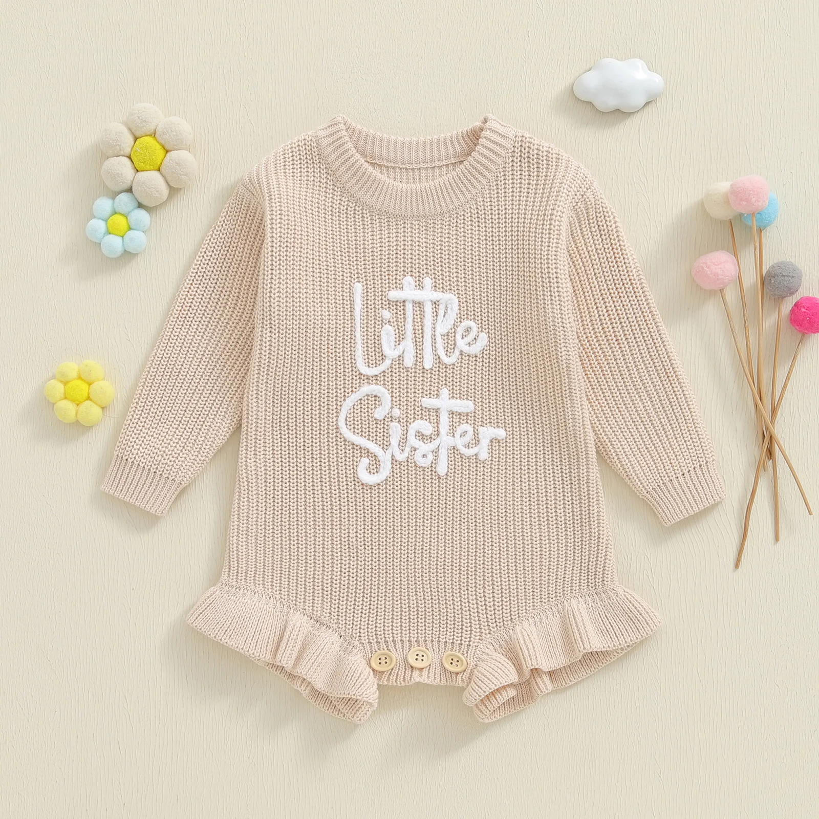 Pelele de punto de otoño para niñas de 0 a 12 meses, mono con bordado de letras, manga larga, cuello redondo, suéter con volantes