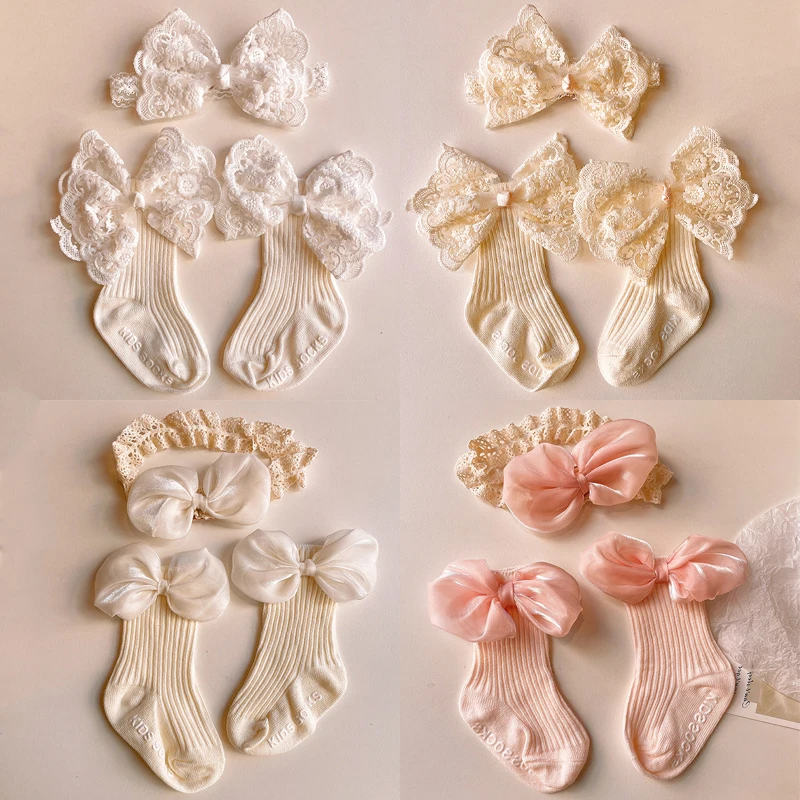 Set diadema calcetones bebé recién nacido blanco rosa fotografía - imagen 3