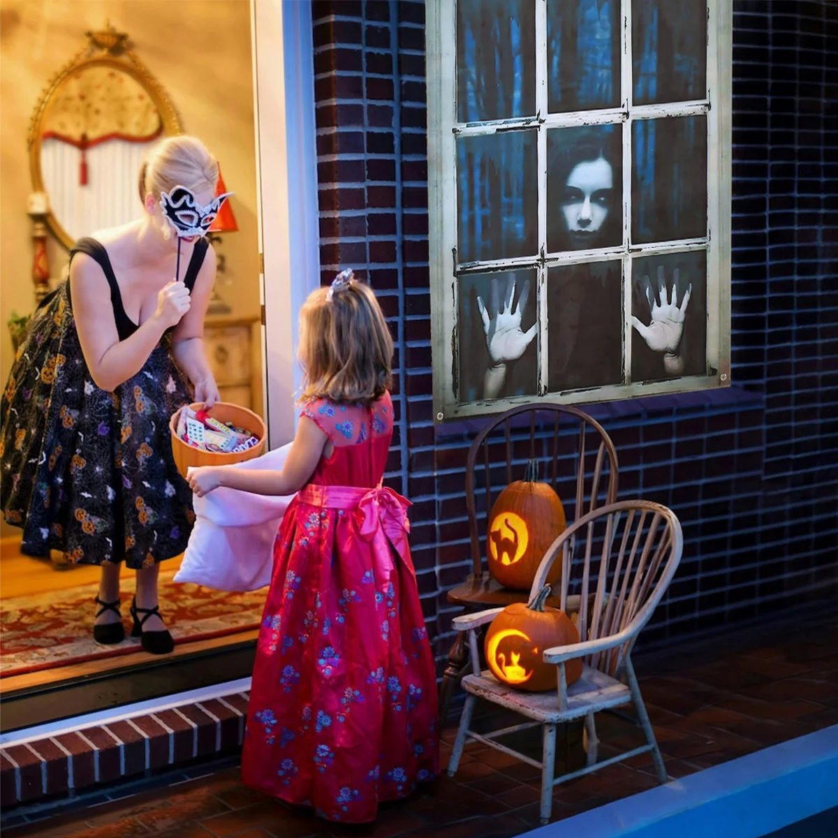 Halloween Horror mujer fantasma cortina tela feliz fiesta de Halloween decoración 2025 para el hogar niños adultos favorece regalos ventana cubierta de puerta - imagen 3