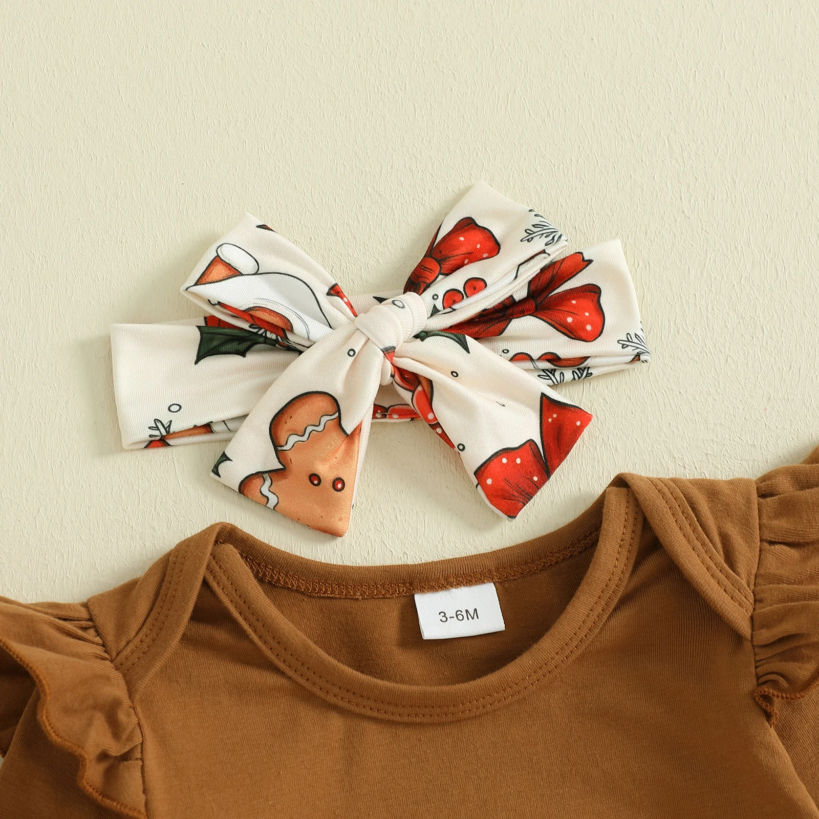 Conjuntos de pantalones navideños para niñas de 0 a 18 meses, pelele con estampado de letras y cuello redondo de manga larga, pantalones con estampado de pan de jengibre, conjuntos con diadema - imagen 3