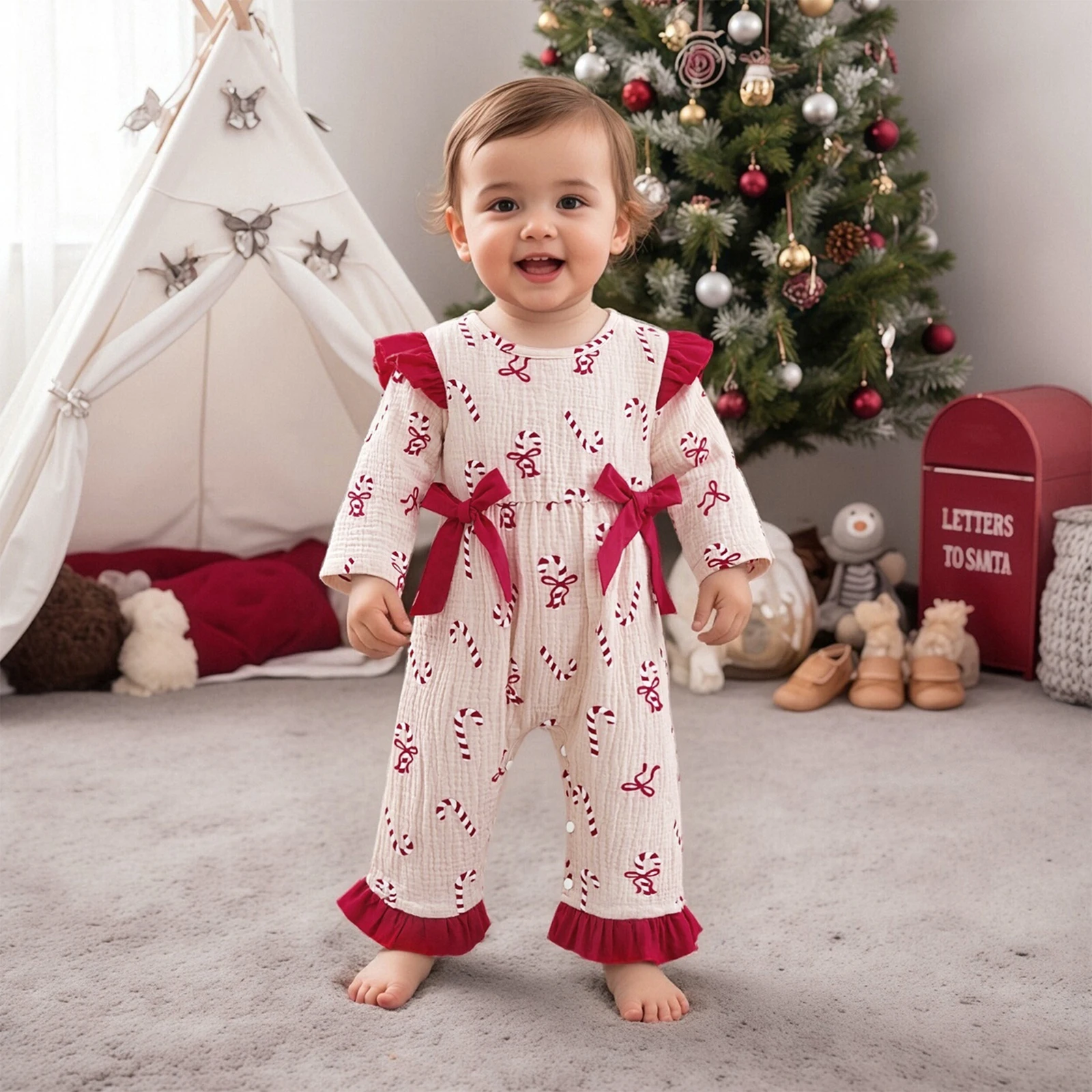 Suefunskry Mameluco de Navidad para bebé niña con volantes, manga larga, cuello redondo, estampado de bastón de caramelo, mono con decoración de lazo