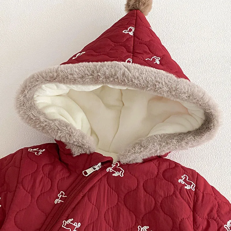 Mono de punto con capucha niña – Lana cálida estampado caballos - imagen 3