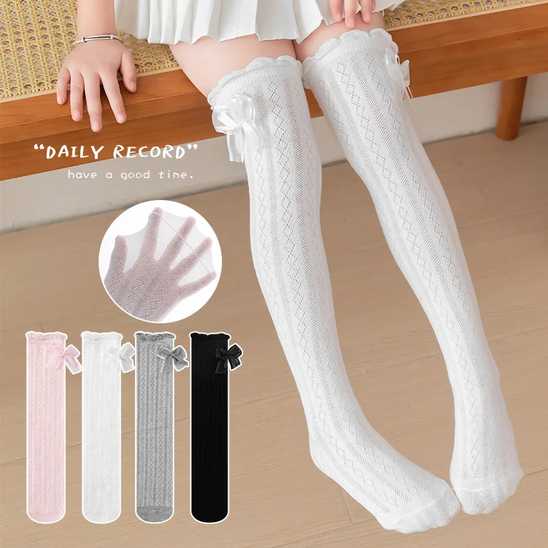 1 par de calcetines hasta la rodilla de algodón suave de verano para niños y niñas, mallas con volantes y lazo a la moda, calcetín escolar fino y transpirable