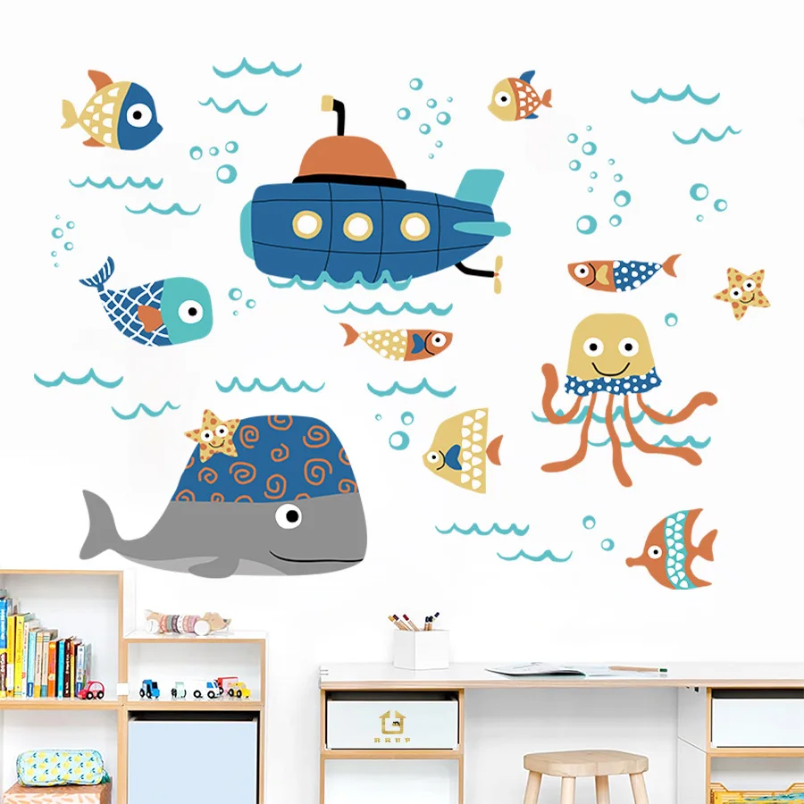 Adhesivos de pared autoadhesivos para submarinos de animales marinos, pegatinas decorativas impermeables para habitaciones y baños infantiles - imagen 3