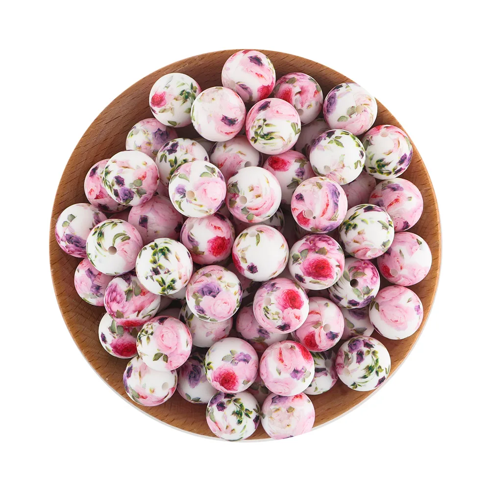 15 Uds. De cuentas redondas de silicona con estampado de flores de 15mm para fabricación de joyería, collar, pulsera, pendientes, Etc., accesorios - imagen 5