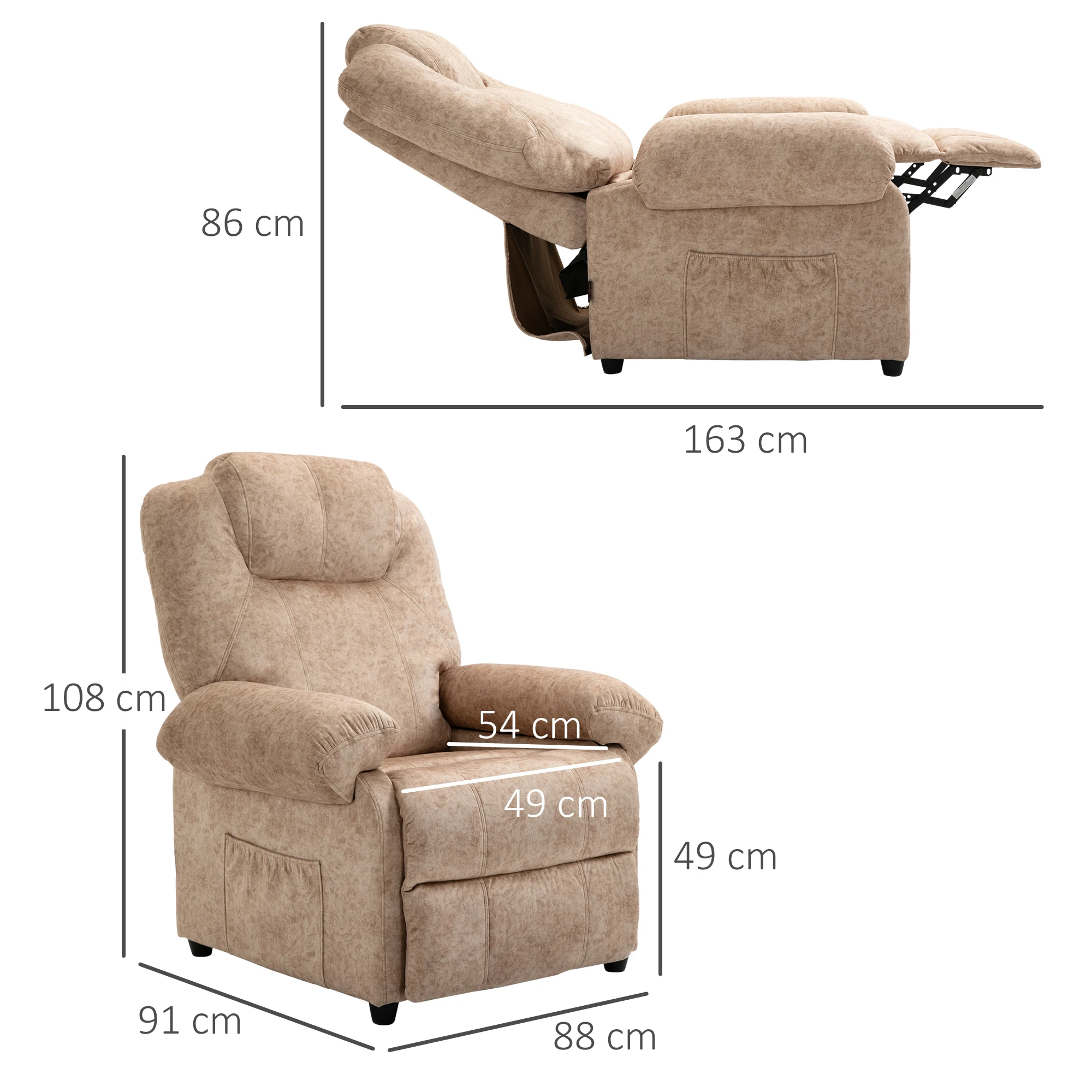 HOMCOM Sillón Relax Reclinable Manual Tapizado en Terciopelo Acolchado con Reposapiés Retráctil y Bolsillos Laterales para Salón Oficina Dormitorio 88x91x108 cm Beige - imagen 3