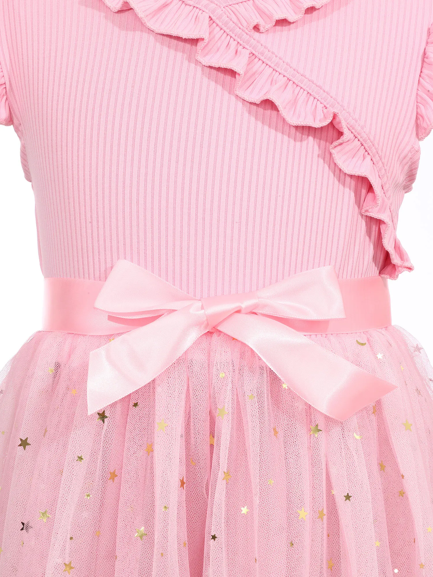 Vestido de verano para niñas, vestido con volantes y mangas aleteadas, vestidos informales de tul con lentejuelas y cinturón para fiesta de cumpleaños y boda - imagen 5