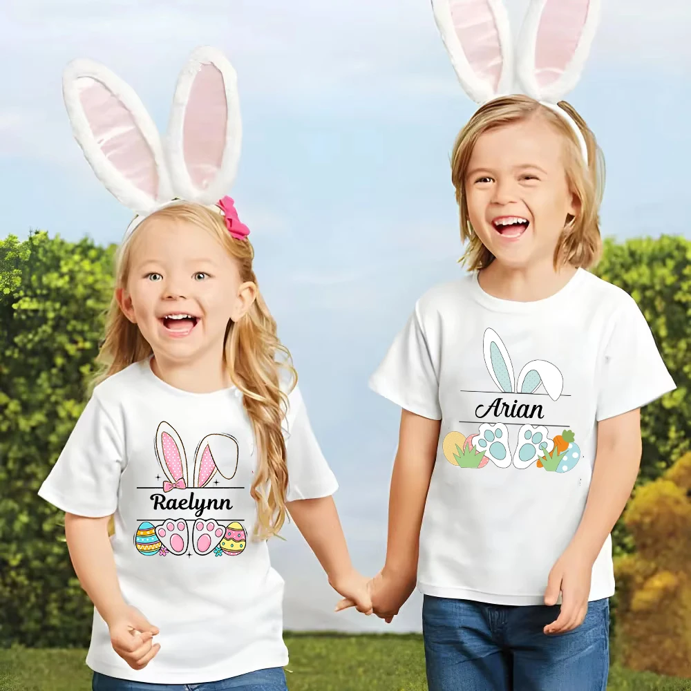 Camiseta personalizada de conejito para chico, camisetas con nombre personalizado para niño y niña, traje de fiesta de Pascua, camiseta a juego para hermanos