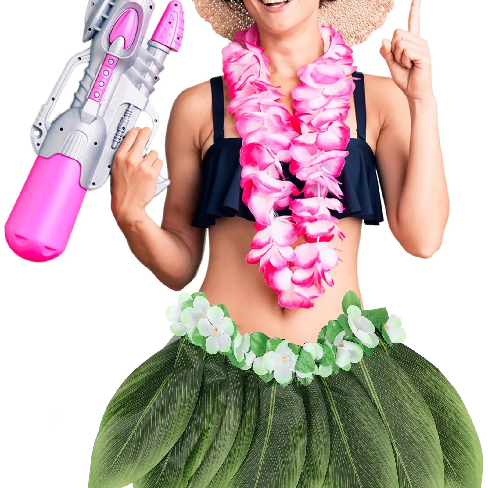Vestido Floral de borde verde de imitación, faldas de fiesta en la playa para adultos y mujeres, suministro de flores, hoja hawaiana - imagen 2