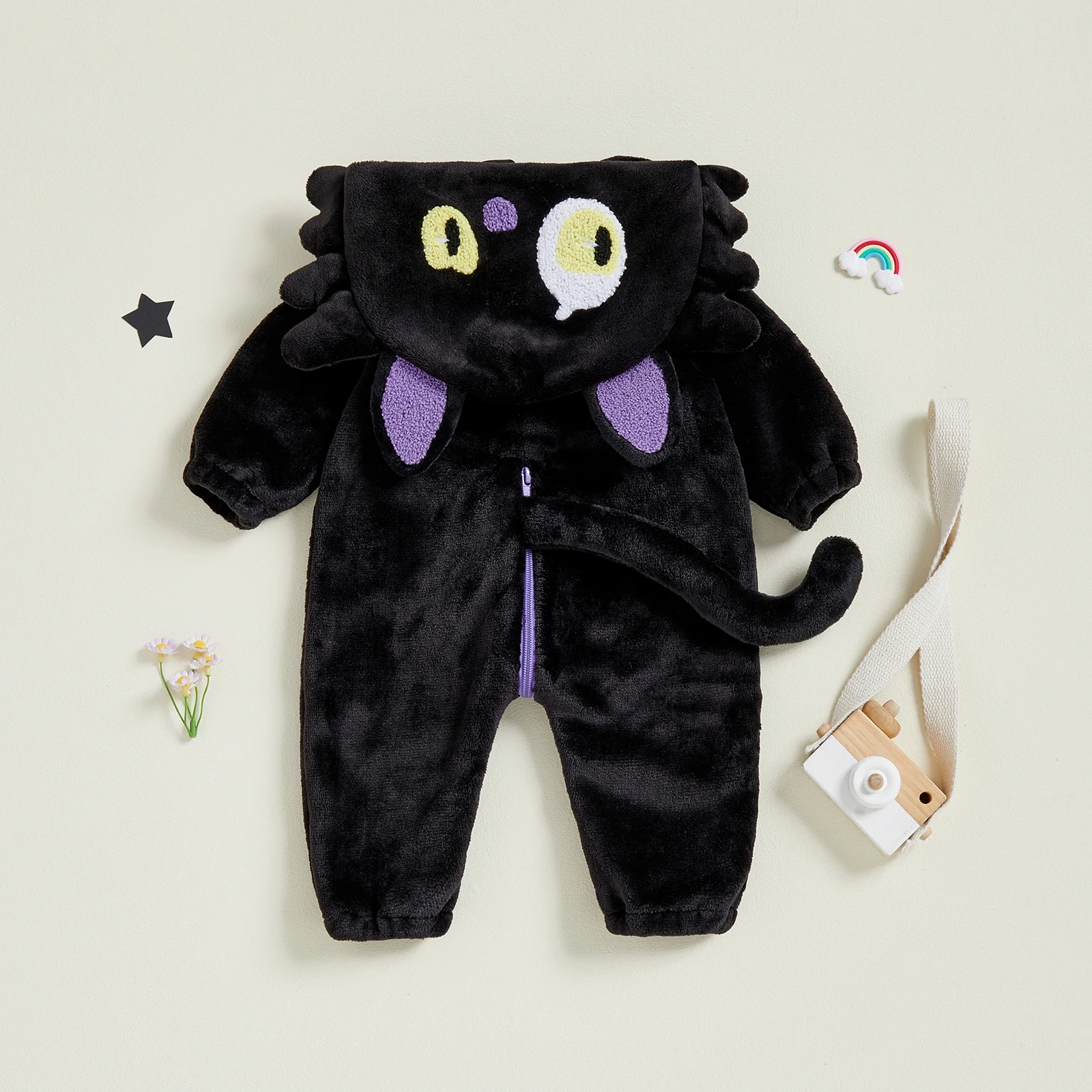 SUNSIOM Disfraz de gato negro para bebé de 0 a 24 meses, mono con capucha de felpa de manga larga para niños y niñas, pelele para recién nacido - imagen 2