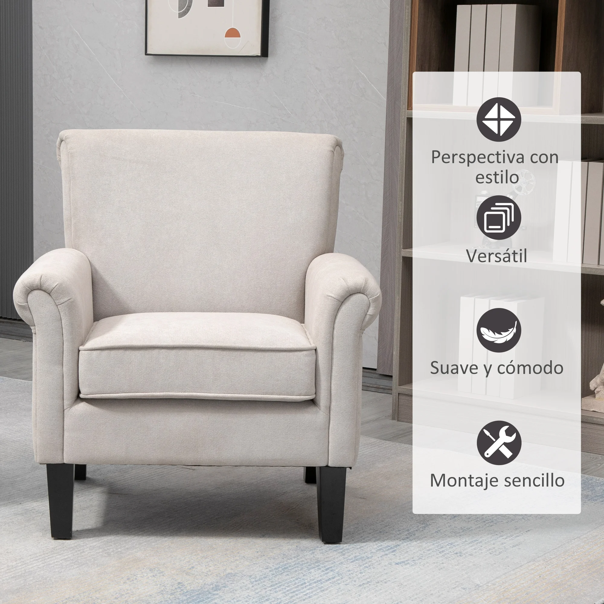 HOMCOM Butaca de Salón Tapizada en Tela Sillón Relax con Reposabrazos Asiento Extraíble y Lavable Patas de Madera para Dormitorio Estilo Moderno Carga 150 kg 79x78x87 cm Gris - imagen 4