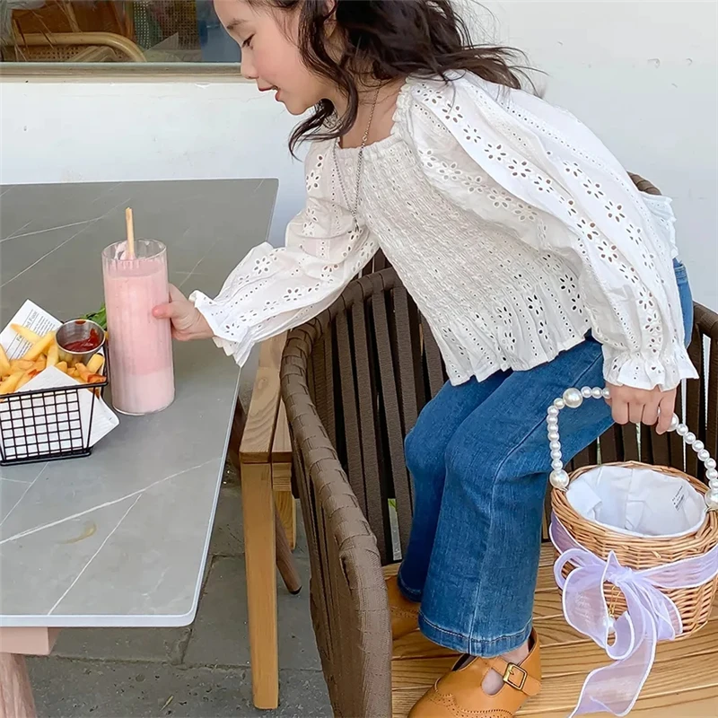 1 pieza de pantalones vaqueros de estilo informal para niñas, pantalones acampanados de mezclilla elásticos de cintura alta, pantalones para niños de primavera y otoño, pantalones vaqueros para niñas - imagen 4