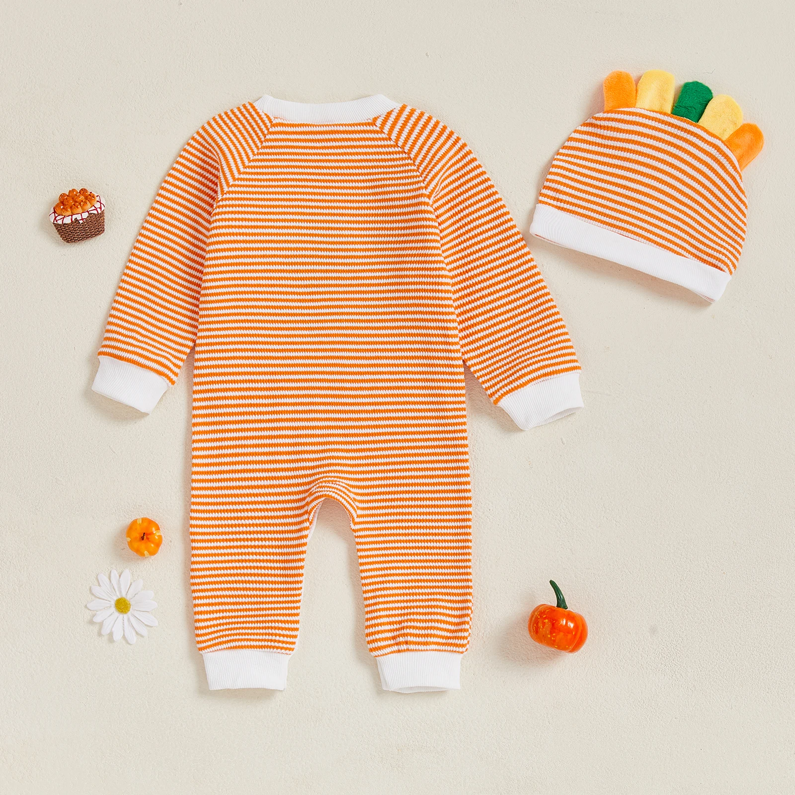 SUNSIOM Mameluco de Acción de Gracias para bebé, mono y sombrero de manga larga con estampado de rayas y bordado de pavo para niño pequeño, bonito atuendo - imagen 2