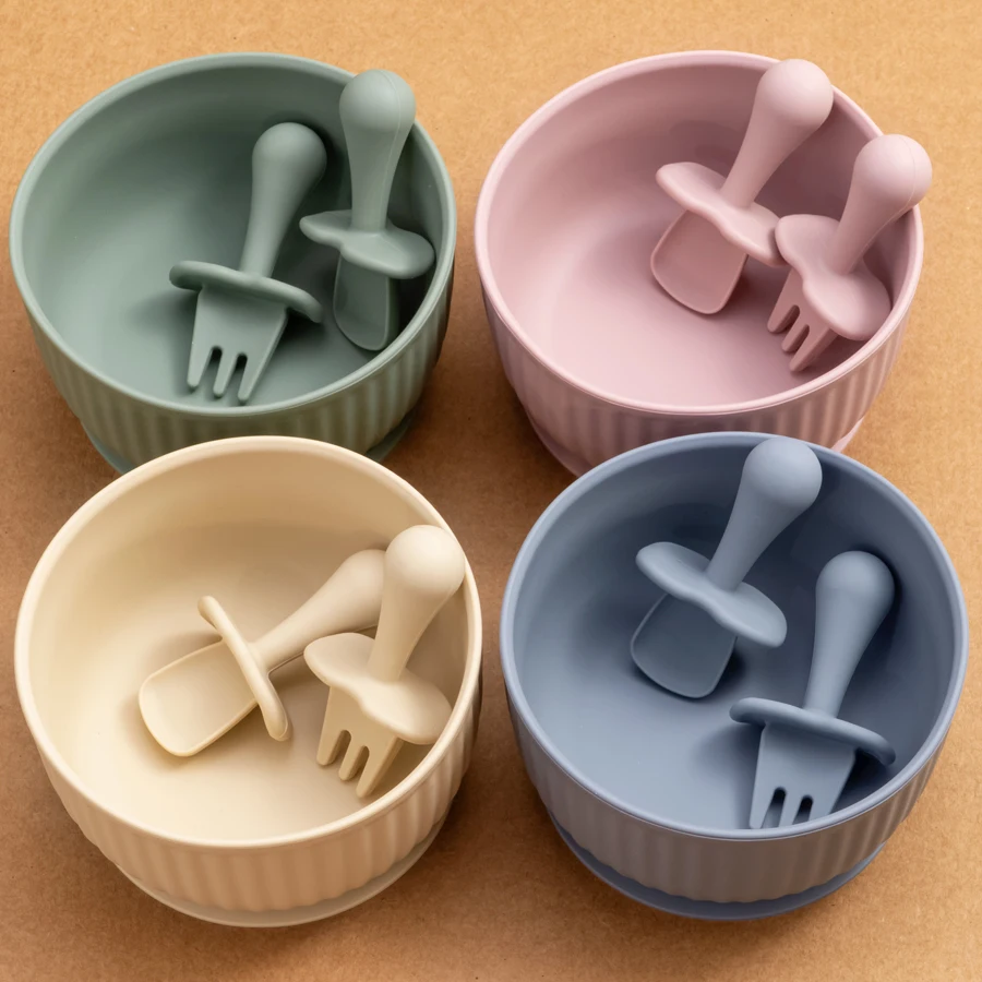 Vajilla de silicona para bebé, tazón de rayas verticales, tenedor, cuchara, 3 piezas con fuerte succión, tazón de entrenamiento para recién nacido, 2024