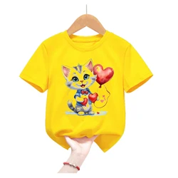 Camiseta infantil verano con estampado de gato - Manga corta