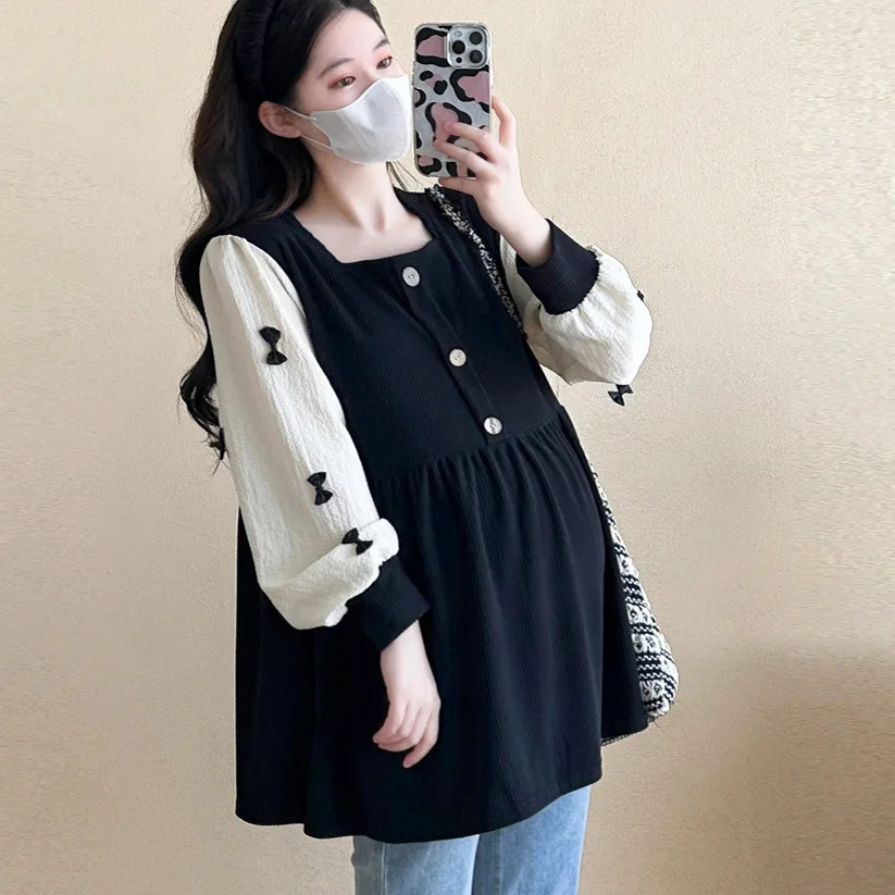 Otoño primavera moda Patchwork blusas de maternidad camisa suelta de moda ropa para mujeres embarazadas Chic Ins Tops de embarazo