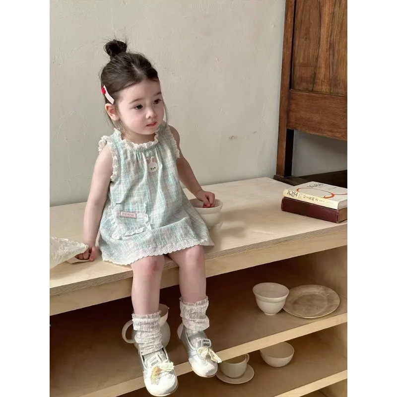 ¡2025 nuevo vestido camisola con ribete de encaje para niñas de verano: lindo estampado de conejo, vestido transpirable elegante y adorable para niñas pequeñas! - imagen 5