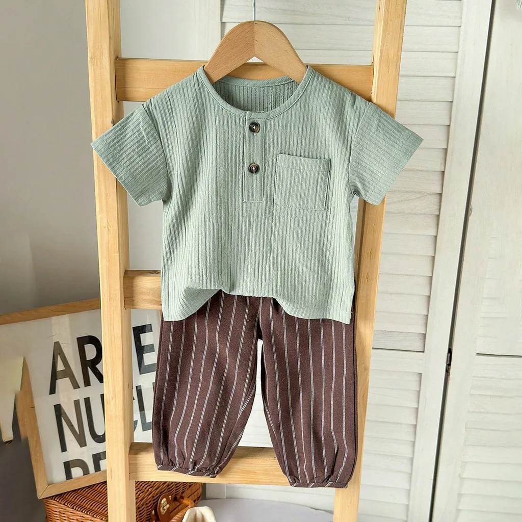 Ropa para bebé, Top cómodo + Pantalones a rayas, conjunto de ropa informal de verano de 2 uds., ropa de estilo coreano para niños pequeños de 0 a 3 años