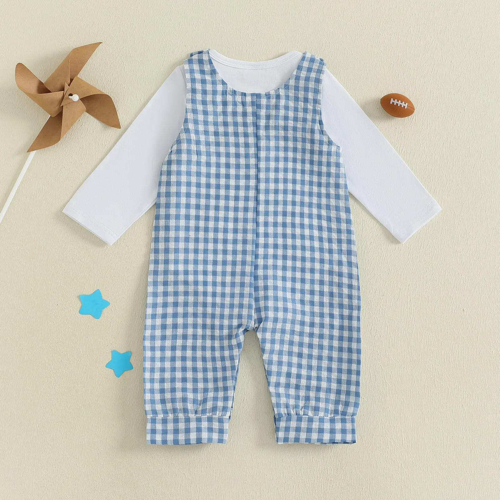 SUNSIOM Conjunto de fútbol para bebé, mameluco liso de manga larga, pantalones generales a cuadros bordados de rugby, conjunto de otoño de 2 piezas - imagen 3