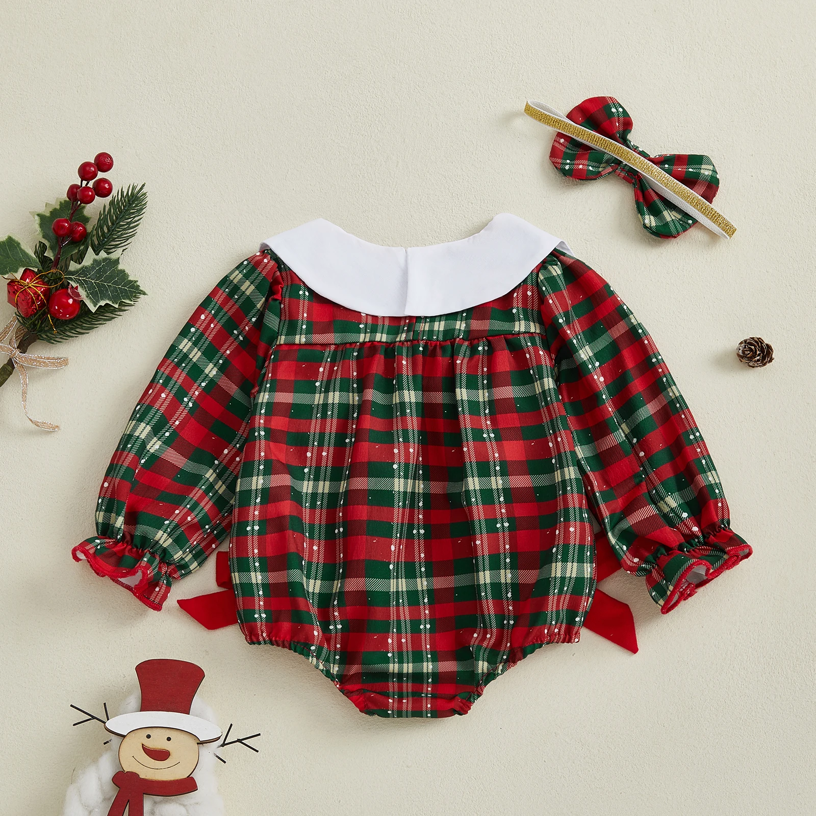 VISgogo Bebek Kız Noel Ekose Romper Noel Baba Nakış Uzun Kollu Bebek Yaka Tulum Yay Kafa Bandı ile - imagen 3