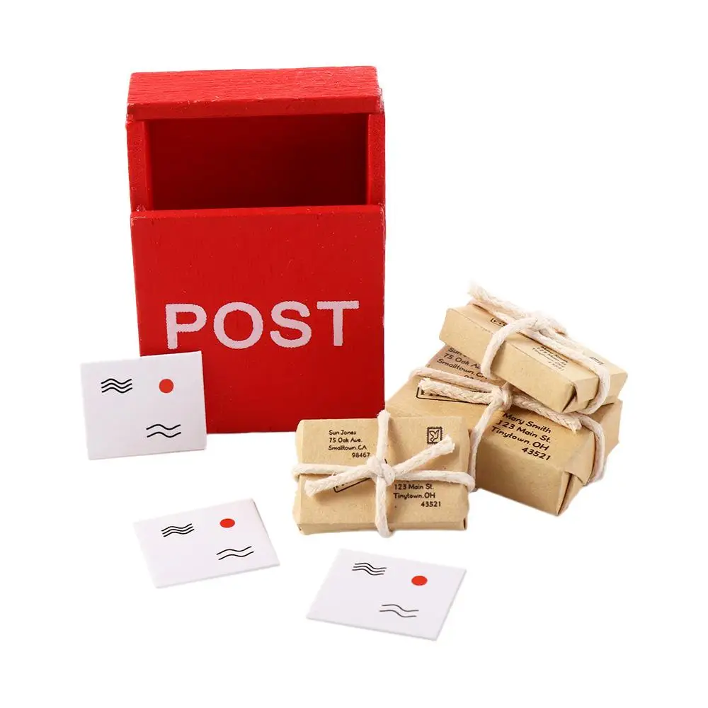 Caja de letras en miniatura para casa de muñecas, buzón de correo rojo con saco de correo, postal, gnomo, muebles de puerta de jardín de hadas, modelo de Decoración de casa, 1 Juego - imagen 4