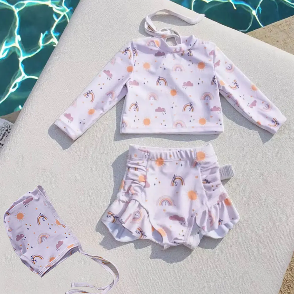 Traje de baño estampado de moda de alta calidad para niñas, ropa de natación, ropa de playa de manga larga, traje de baño de dos piezas