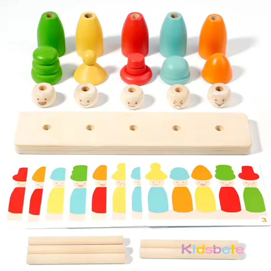 Juego de combinación de colores con forma de marioneta de madera, juguete de aprendizaje Montessori, sombrero de marioneta, partido de cara, juguete de escritorio apilable creativo para niños pequeños - imagen 2