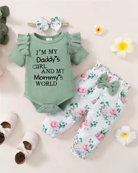 Conjunto bebé niña 3 piezas – Pelele verano, pantalón flores y diadema lazo