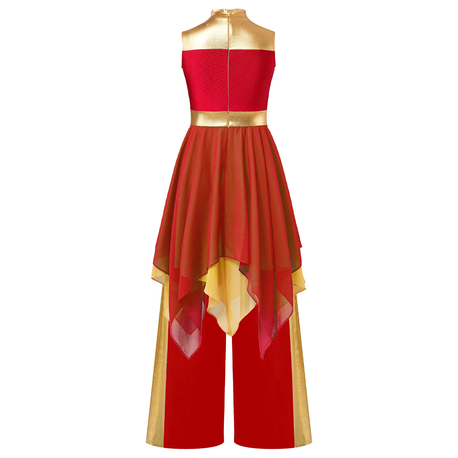 Conjuntos de danza lírica para niños y niñas, traje de actuación sin mangas con dobladillo Irregular, vestido de bloques de Color con pantalones de pierna ancha - imagen 3