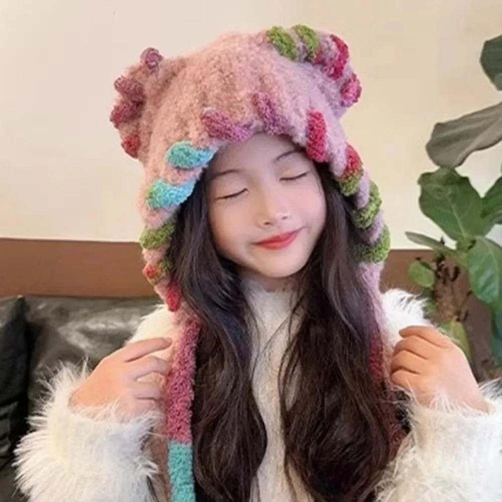 Gorro ligero y cálido de lana tejido con orejas, gorro elástico ajustable para protección de oídos para niños, correas de borlas a prueba de viento, gorro con orejeras