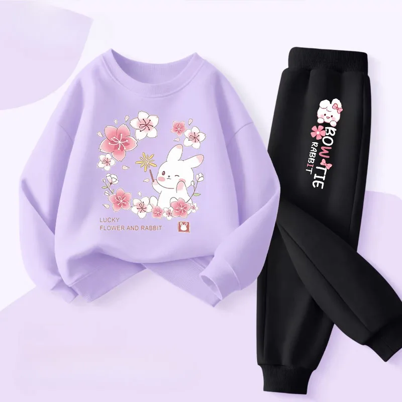 Lindo conejo impreso niñas primavera nuevo estilo sudaderas con capucha conjuntos sudadera para niños pantalones de chándal traje de dos piezas niños trajes al aire libre - imagen 3