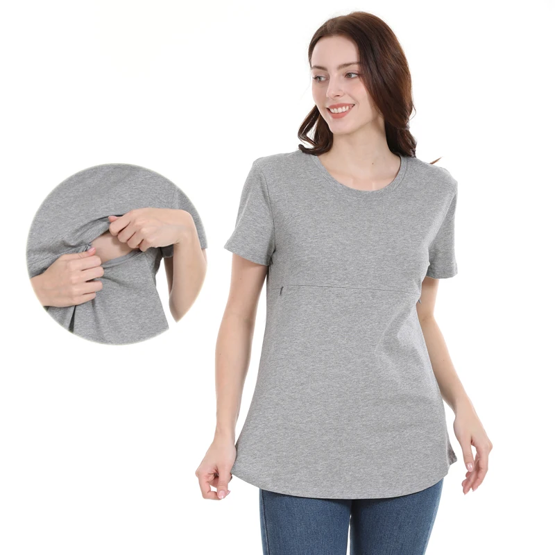 Camiseta de lactancia con cremallera lisa de verano, Tops de maternidad para embarazo, ropa de lactancia de manga corta, camisa para mujeres posparto de talla grande - imagen 3