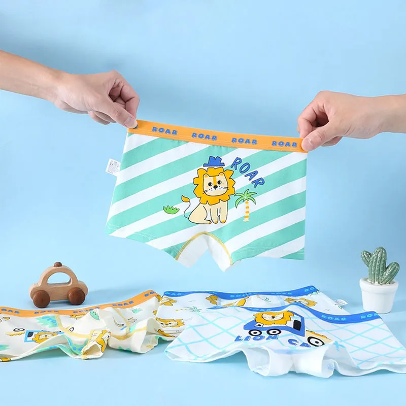 Calzoncillos Boxer de algodón de 4 piezas para niños, ropa interior cómoda para niños, bragas transpirables, Boxers con estampado de dibujos animados de León fresco para niños - imagen 3