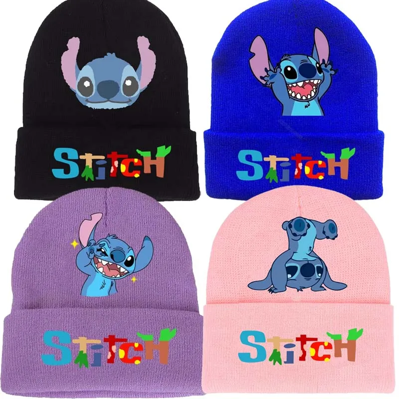 Gorro tejido de punto de Disney Stitch para invierno, gorros fríos cálidos para exteriores de Color sólido, gorro de punto bordado a la moda de Hip-Hop para niños y niñas