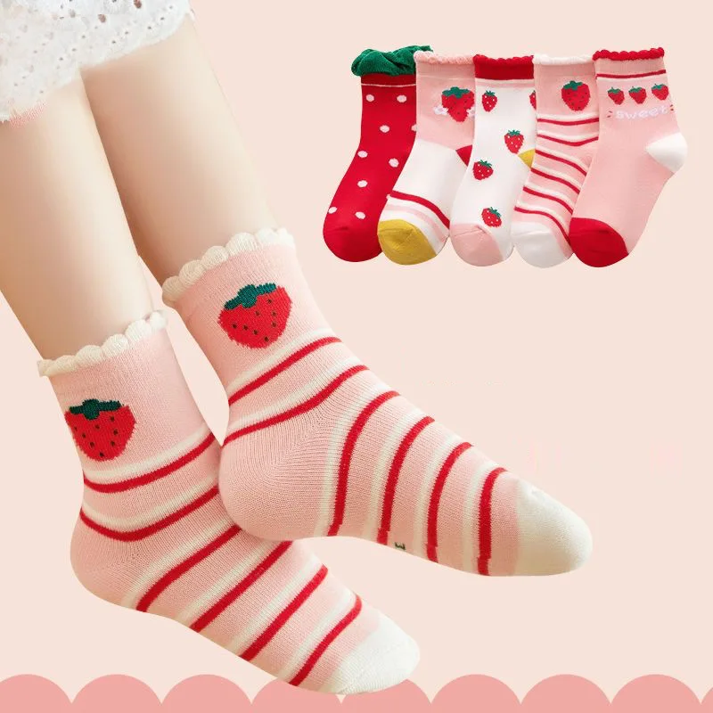 5 par/lote calcetines de algodón suave para niños estampado de fresa de amor calcetines de tubo medio para niñas primavera otoño nuevo - imagen 4