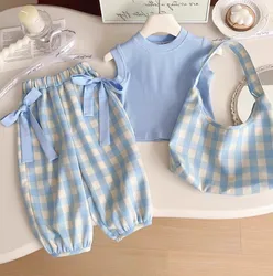 Conjunto verano niña: top azul sin mangas y pantalón fluido con lazo