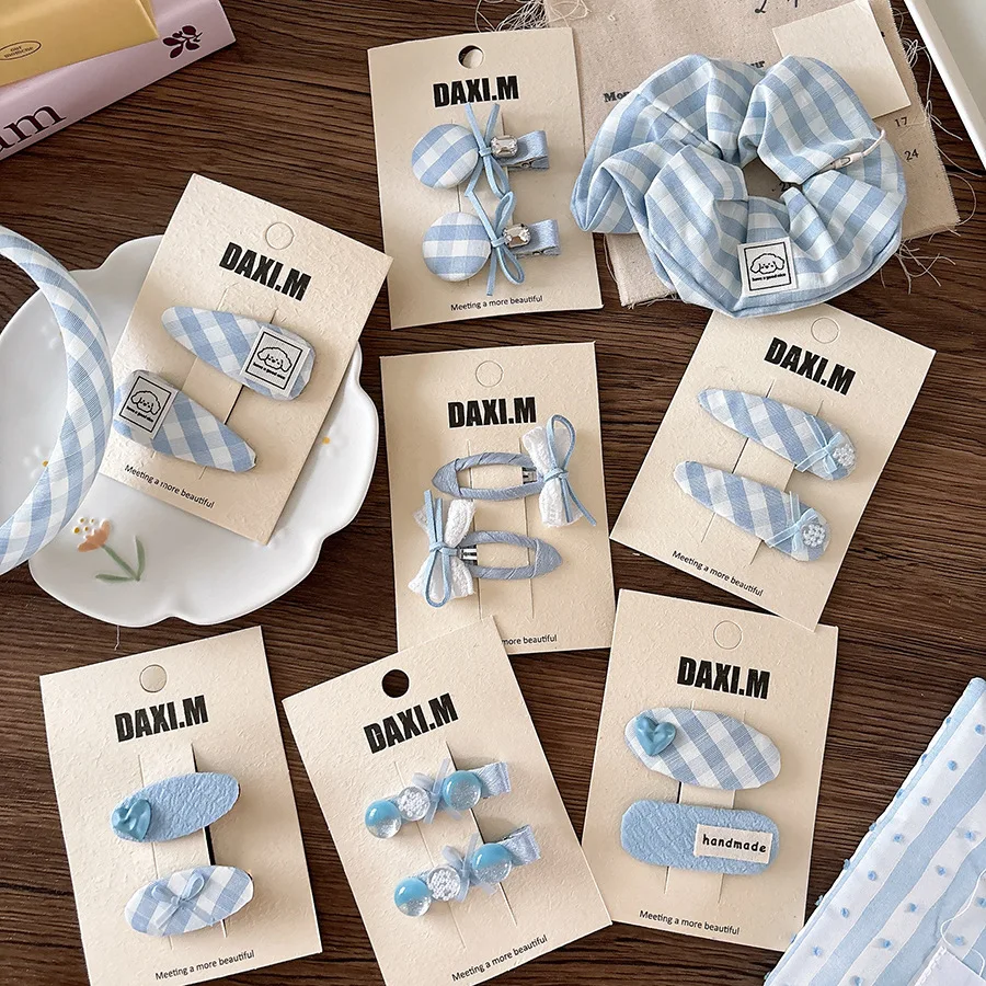 Pinza para el pelo a cuadros azul de tela para niñas, flequillo con agradable arco, horquilla con Clip LATERAL, flequillo versátil a la moda para niñas, diademas con Clip BB - imagen 2