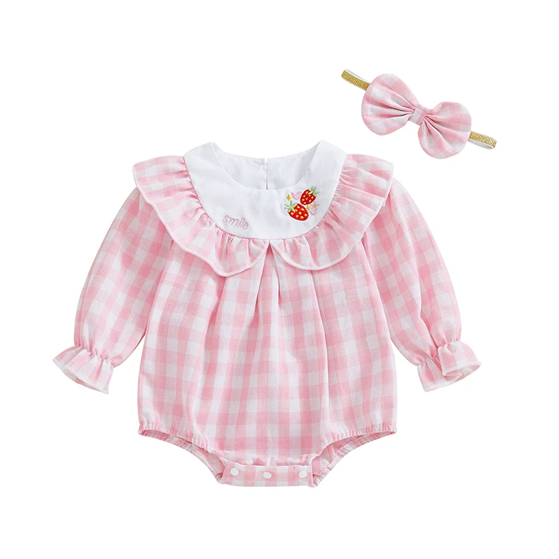 Conjunto bebé niña recién nacida con mameluco a cuadros y diadema - imagen 5