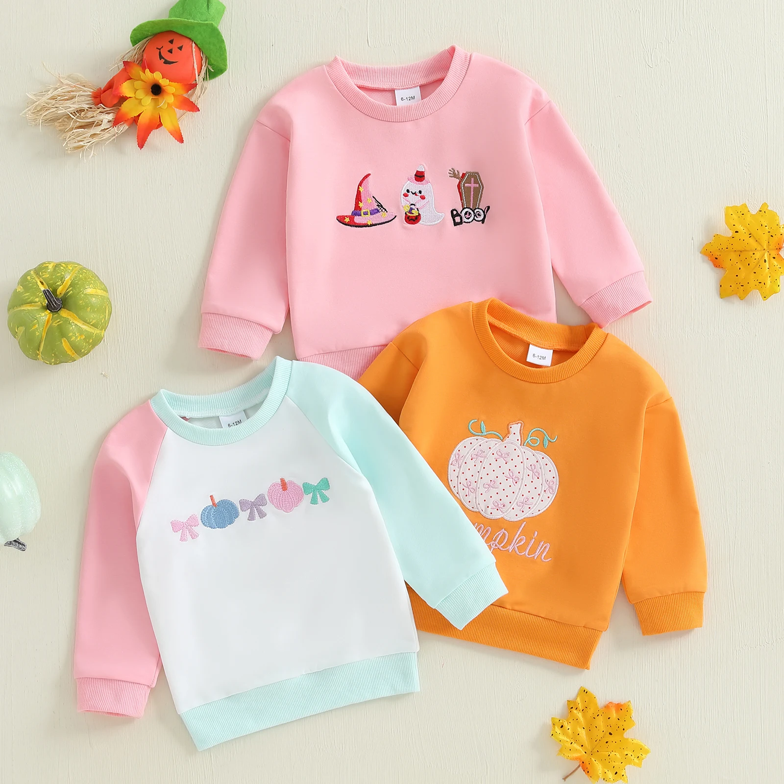 Sudadera para bebés y niñas, Tops de cuello redondo con bordado de calabaza/fantasma/árbol de Navidad a la moda, manga larga