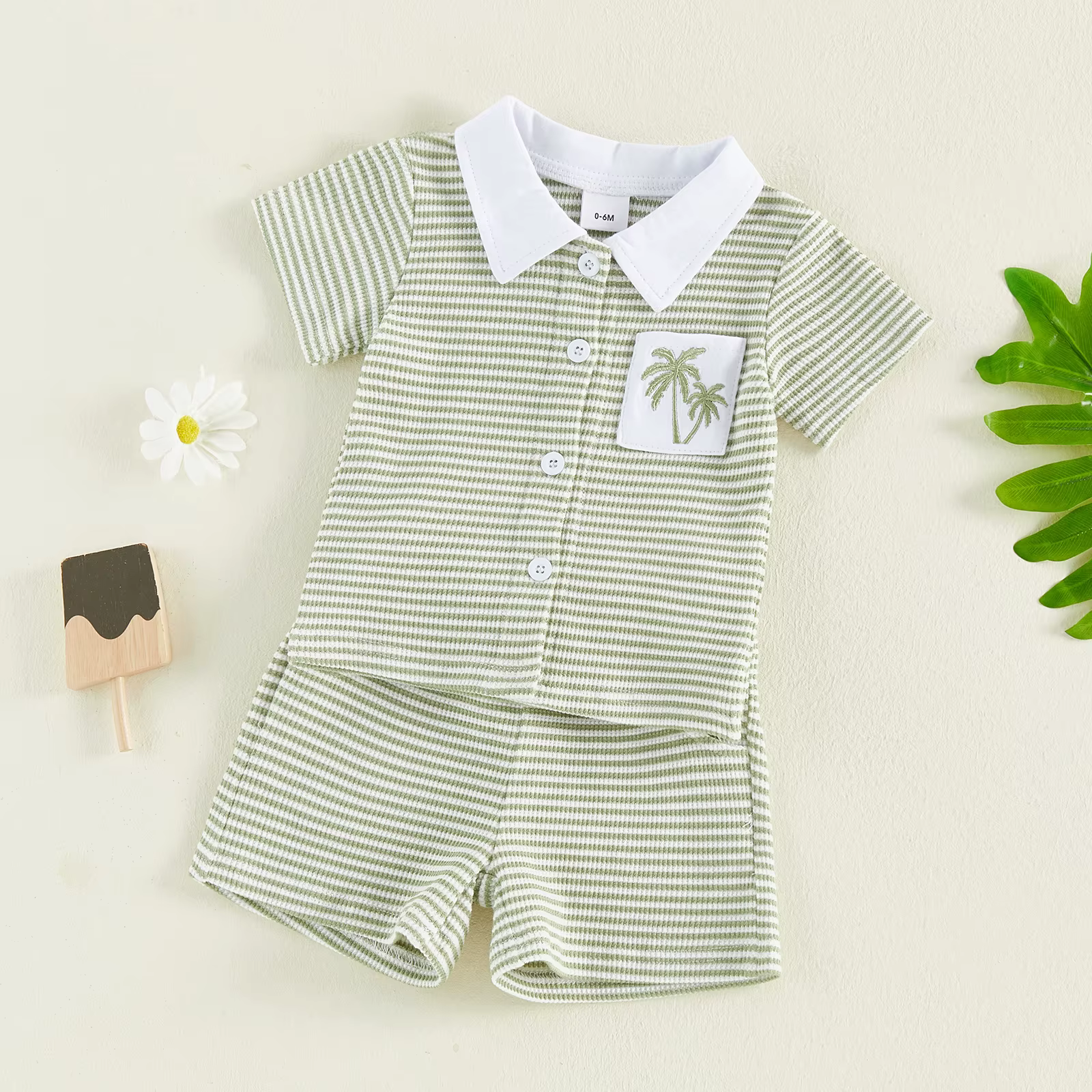 Conjunto verano bebé camiseta rayas bordado árbol y pantalón corto - imagen 5