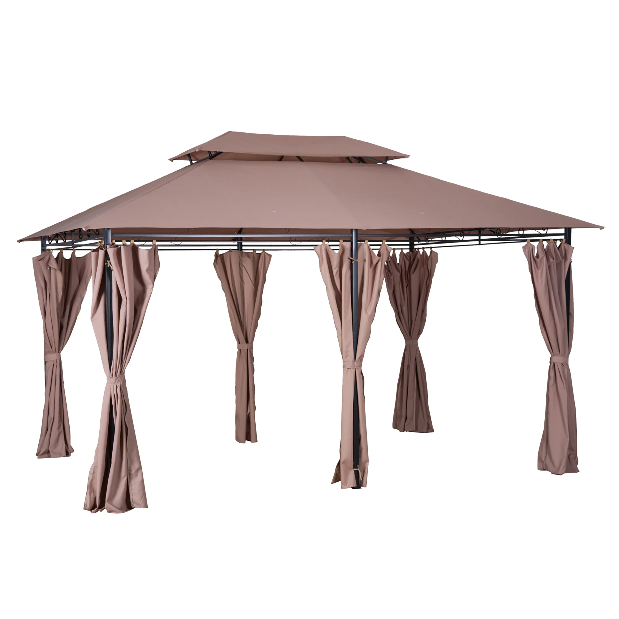 Outsunny Cenador de Jardín 3x4 m Gazebo de Exterior con Paredes Laterales Doble Techo 6 Puertas con Cremallera y 8 Orificios de Drenaje para Terraza Patio Playa Caqui