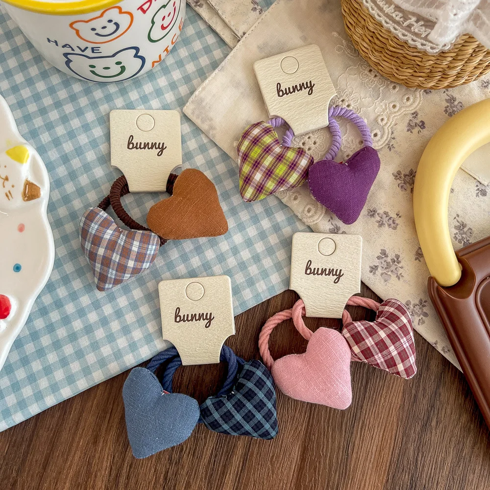 Banda elástica para el cabello de amor a cuadros coreanos, tela de algodón, accesorios para el cabello dulces para niños, banda de goma, tocado de cuerda para el cabello