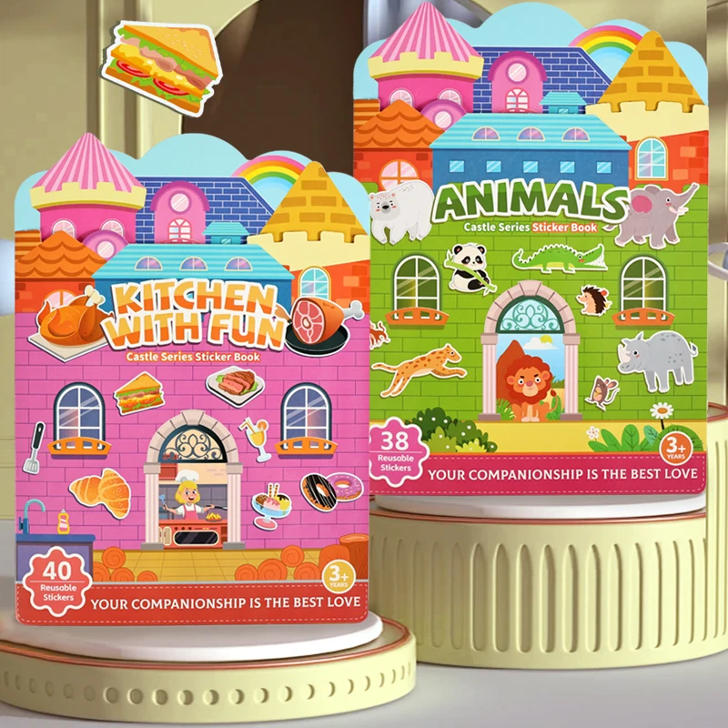 Libro de pegatinas de gelatina reutilizable para niños, pegatinas de animales de dibujos animados/vehículo/cocina DIY, libro creativo silencioso y ocupado, juguetes para regalo para niños - imagen 2