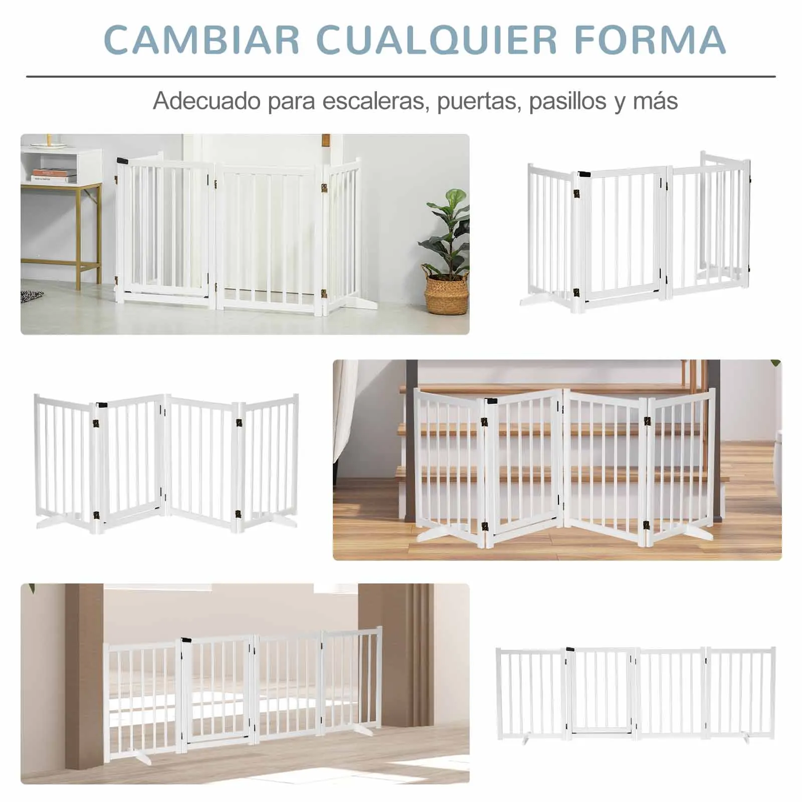 PawHut Barrera para Perros Plegable Valla para Perros Pequeños y Medianos de 4 Paneles con Puerta Barrera de Seguridad de Madera para Escaleras Pasillos 237,5x36x80 cm Blanco - imagen 4