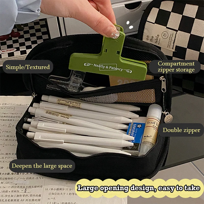 Estuche de lápices Kawaii a cuadros, caja de bolígrafos portátil de gran capacidad, suministros de oficina para volver a la escuela, papelería de almacenamiento de maquillaje coreano - imagen 2