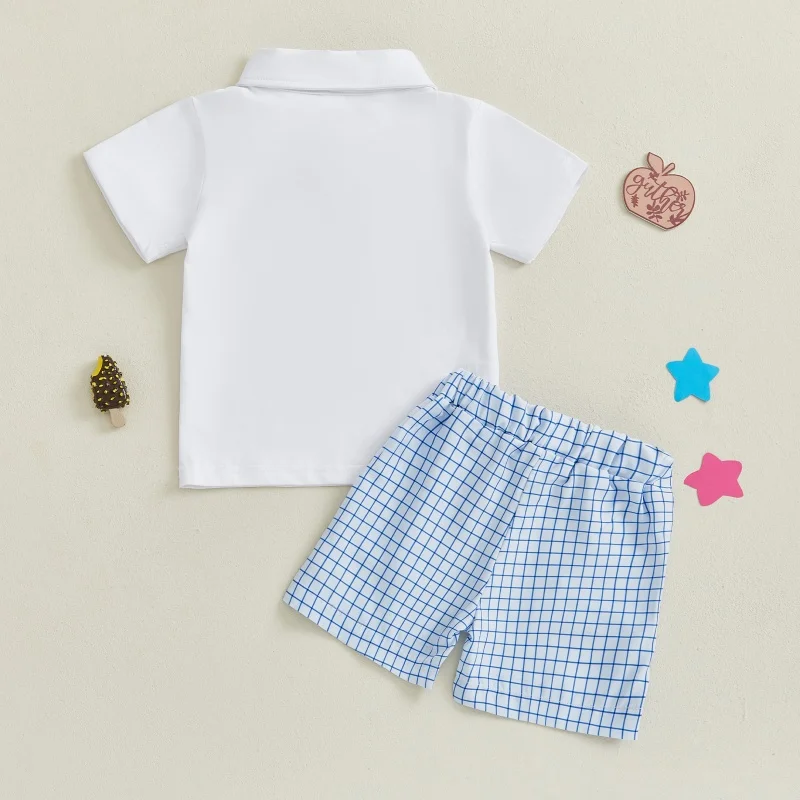 Suefunskry, traje de verano para bebé, bordado de manzana, camisa de manga corta con cuello de solapa, pantalones cortos de cintura elástica a cuadros, conjunto de 2 uds. - imagen 2