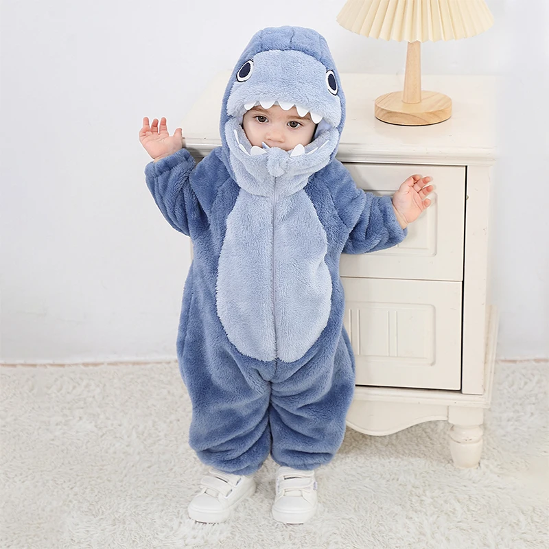 Disfraz de tiburón para bebé, mameluco cálido de manga larga con capucha, lindo mono de felpa para Halloween, ropa para niños, Invierno - imagen 3